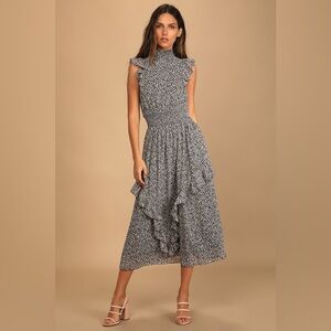 Lulus Evalina Black Floral Print Mock Neck Midi Dress
